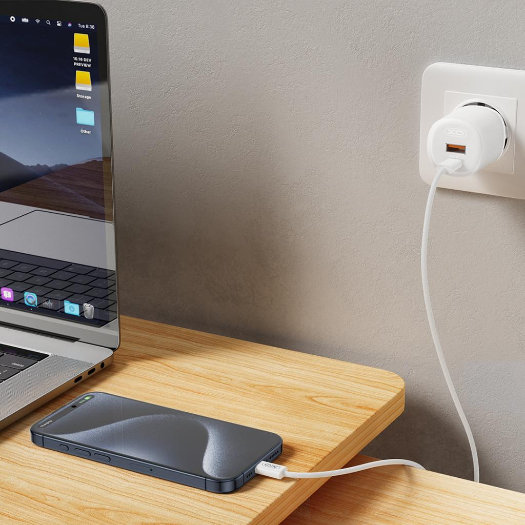 Netzladegerät mit Lightning-Kabel XO Design L151, 30W, 3A, 1 x USB-A - 1 x USB-C, Weiß