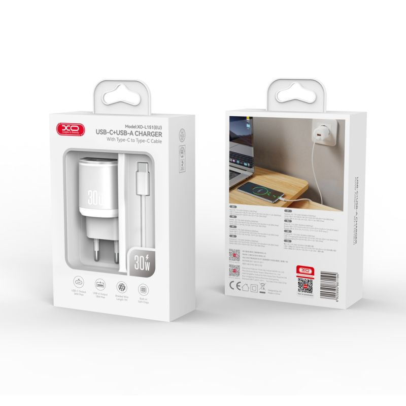 Netzladegerät mit USB-C Kabel XO Design L151, 30W, 3A, 1 x USB-A - 1 x USB-C, Weiß
