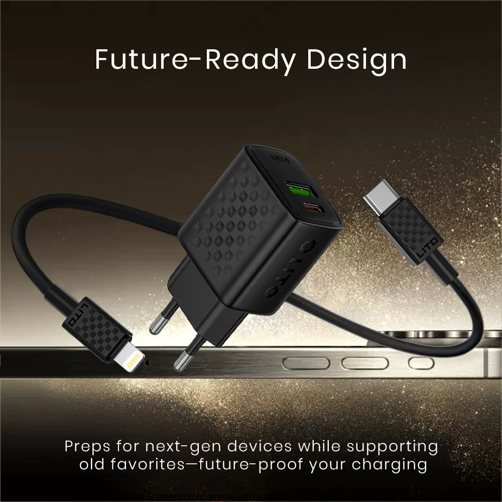 Netzladegerät mit Lightning-Kabel Lito LC15L, 20W, 3A, 1 x USB-A - 1 x USB-C, Schwarz