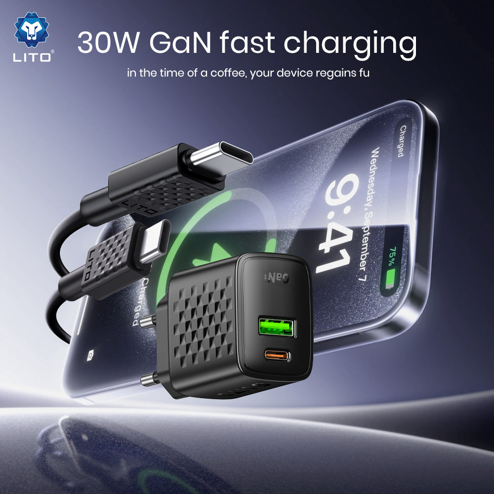 Netzladegerät mit USB-C Kabel Lito LC19T, 30W, 3A, 1 x USB-A - 1 x USB-C, Schwarz