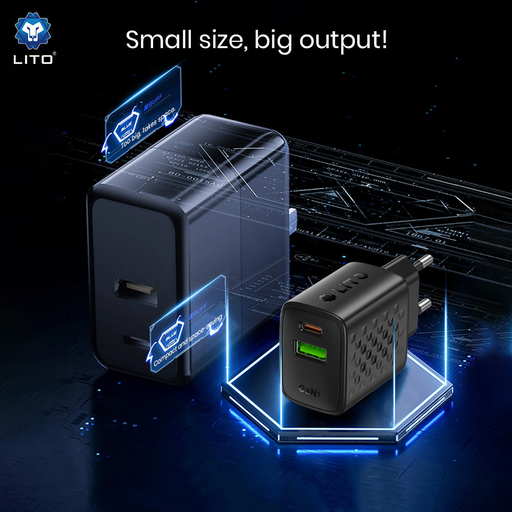 Netzladegerät mit USB-C Kabel Lito LC24T, 65W, 3.25A, 1 x USB-A - 1 x USB-C, Schwarz