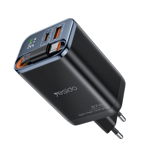 Yesido YC100 Display USB-C Network Charger with Cable, 67W, 3.35A, 1 x USB-A - 1 x USB-C, Black