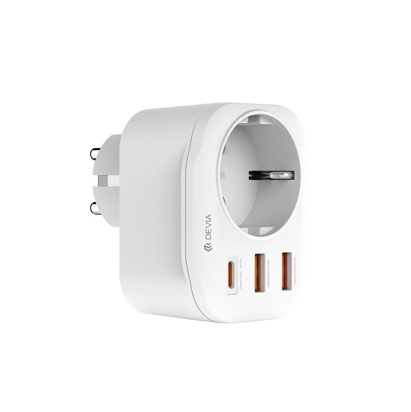 Netzladegerät DEVIA WW09-F-PD, 20W, 3A, 2 x USB-A - 1 x USB-C - 1 x Schuko, Weiß