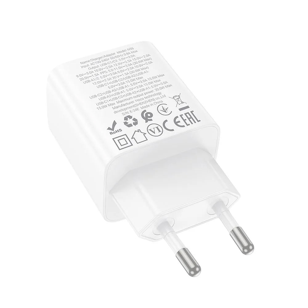 Netzladegerät HOCO N56, 30W, 3A, 2 x USB-A - 2 x USB-C, Weiß