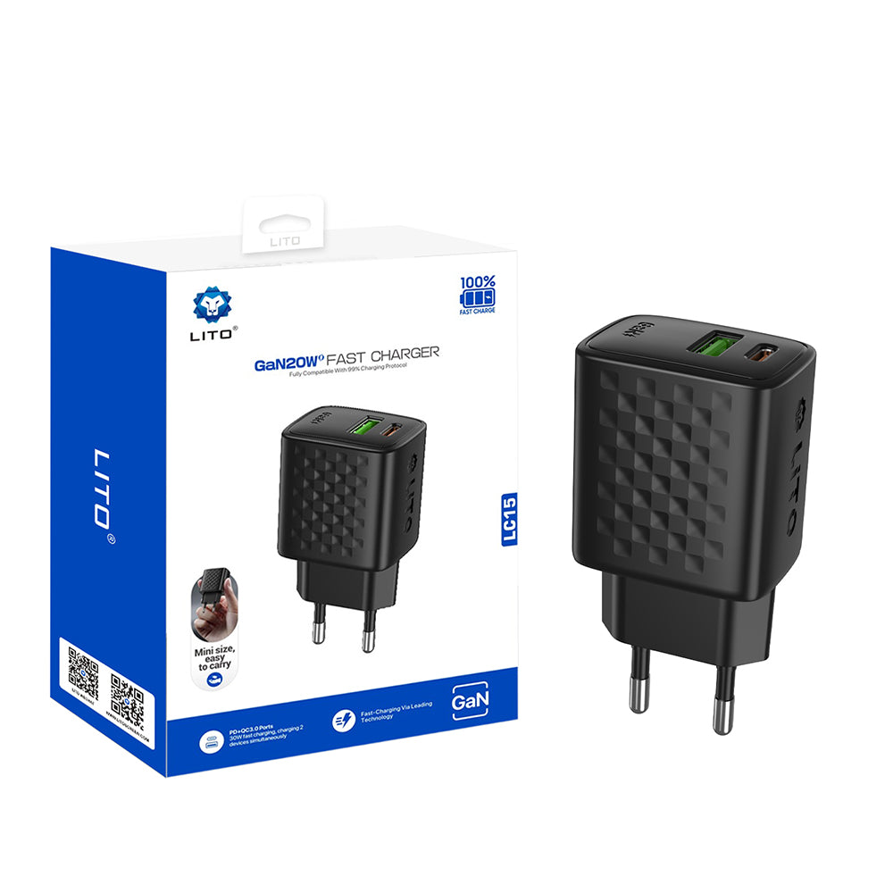 Netzladegerät Lito LC15, 20W, 3A, 1 x USB-A - 1 x USB-C, Schwarz