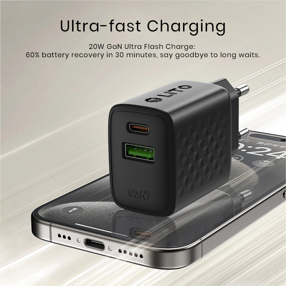 Netzladegerät Lito LC15, 20W, 3A, 1 x USB-A - 1 x USB-C, Schwarz