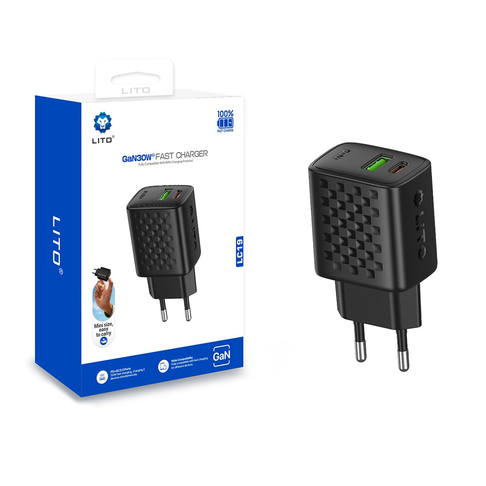 Netzladegerät Lito LC19, 30W, 3A, 1 x USB-A - 1 x USB-C, Schwarz