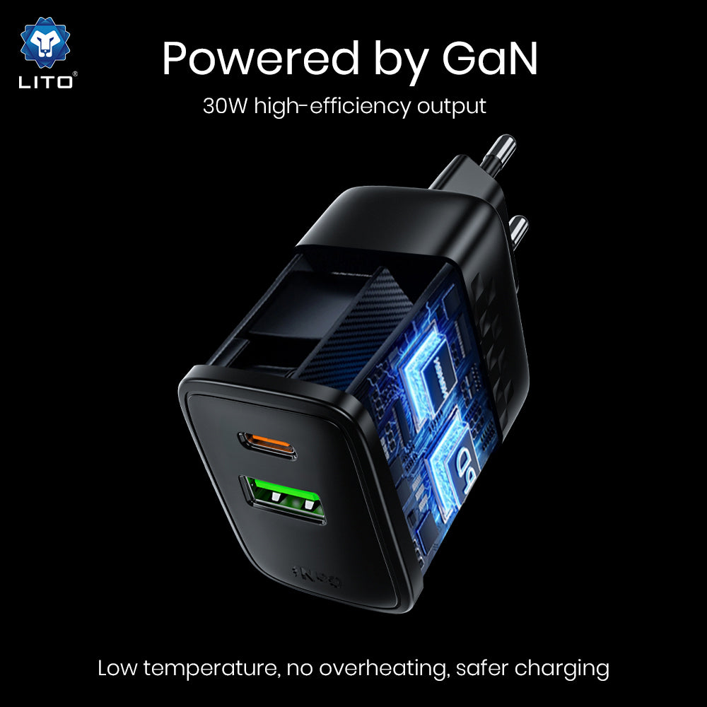 Netzladegerät Lito LC19, 30W, 3A, 1 x USB-A - 1 x USB-C, Schwarz