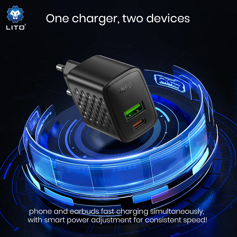 Netzladegerät Lito LC19, 30W, 3A, 1 x USB-A - 1 x USB-C, Schwarz