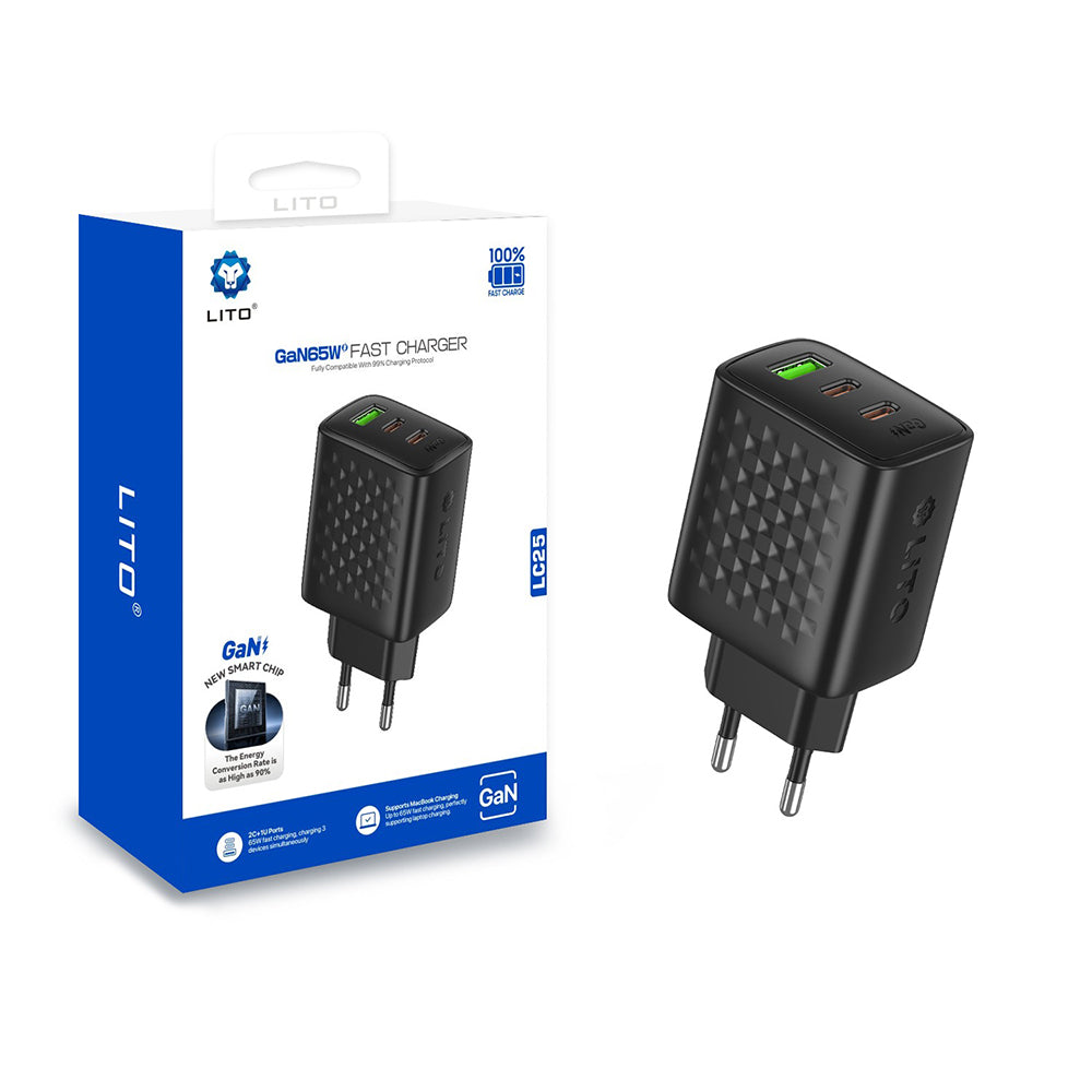 Netzladegerät Lito LC25, 65W, 3.25A, 1 x USB-A - 2 x USB-C, Schwarz