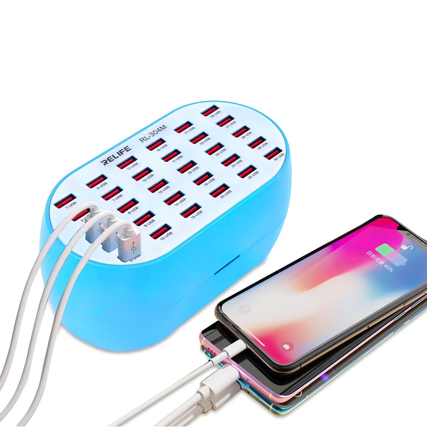 Netzwerk-Ladegerät Relife RL-304M, 160W, 2,4A, 30 x USB-A, Blau