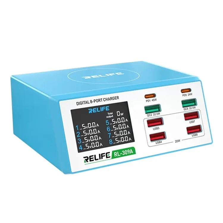 Relife RL-309A Ladestation 100W | 2x USB-C & 6x USB-A | Blau | Display