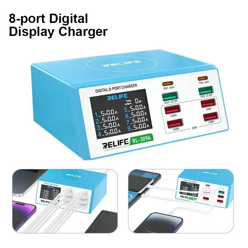 Relife RL-309A Ladestation 100W | 2x USB-C & 6x USB-A | Blau | Display