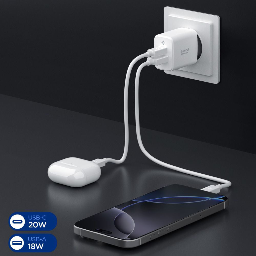 Spigen Essential Netzladegerät, 20W, 3A, 1 x USB-A - 1 x USB-C, Weiß ACH08704