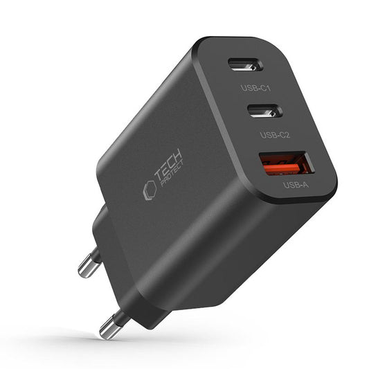 Netzwerk-Ladegerät Tech-Protect NC30W, 30W, 3A, 1 x USB-A - 2 x USB-C, Schwarz