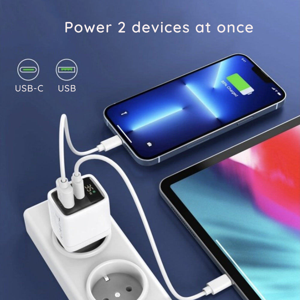Netzladegerät Techsuit CH3 LEDChargX Display, 35W, 3A, 1 x USB-A - 1 x USB-C, Weiß