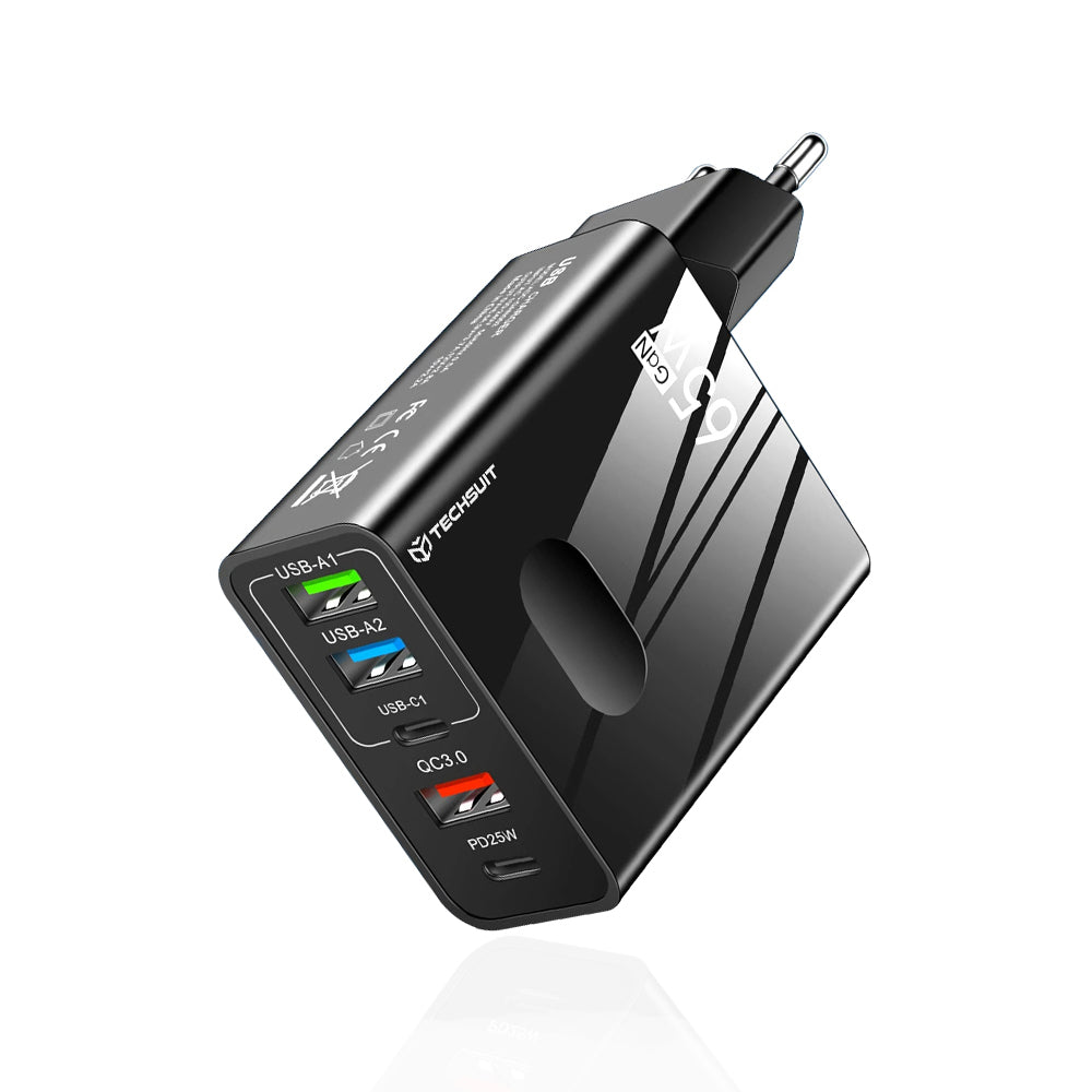 Netzladegerät Techsuit CHC1 PentaXPower, 25W, 3A, 3 x USB-A - 2 x USB-C, Schwarz