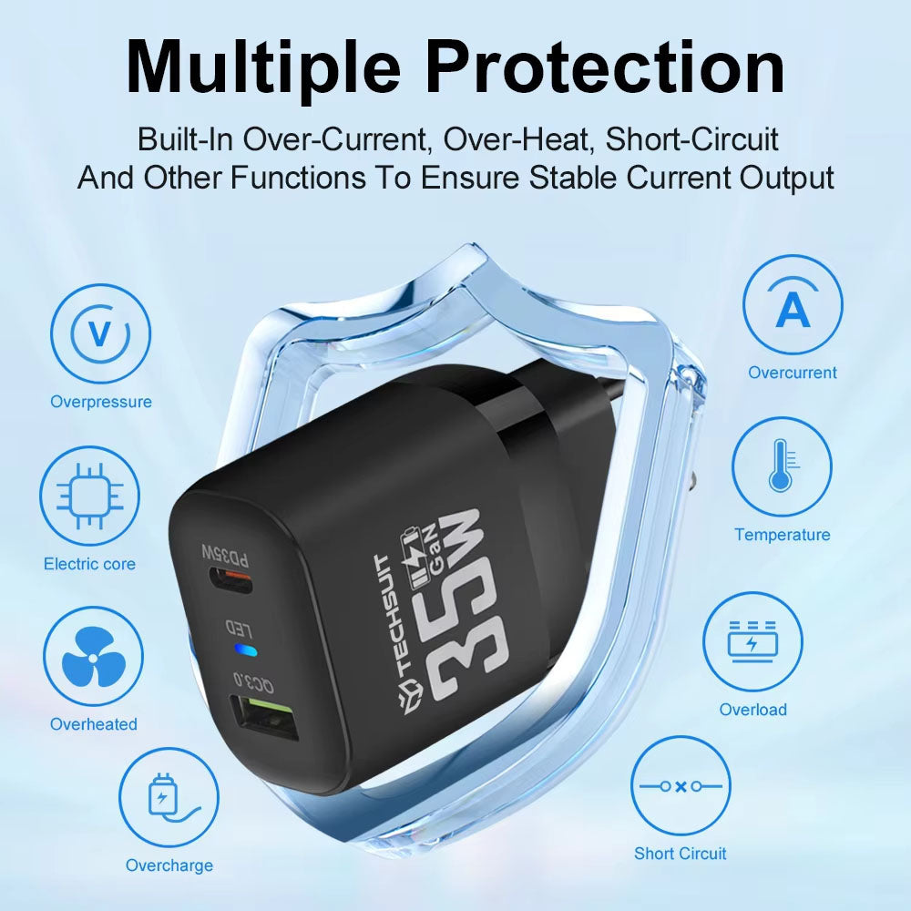 Netzladegerät Techsuit CHPD174, 35W, 3A, 1 x USB-A - 1 x USB-C, Schwarz