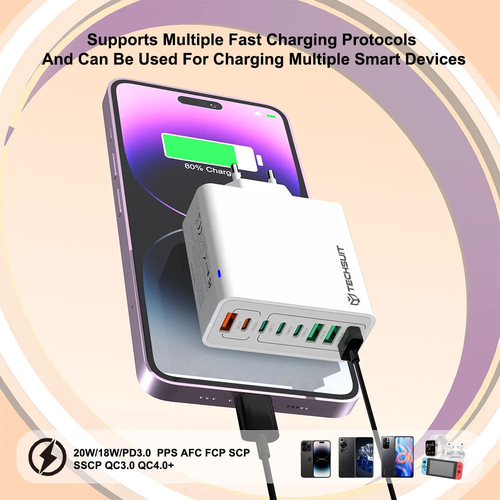 Netzladegerät Techsuit CHPD224, 65W, 3.25A, 4 x USB-A - 4 x USB-C, Schwarz