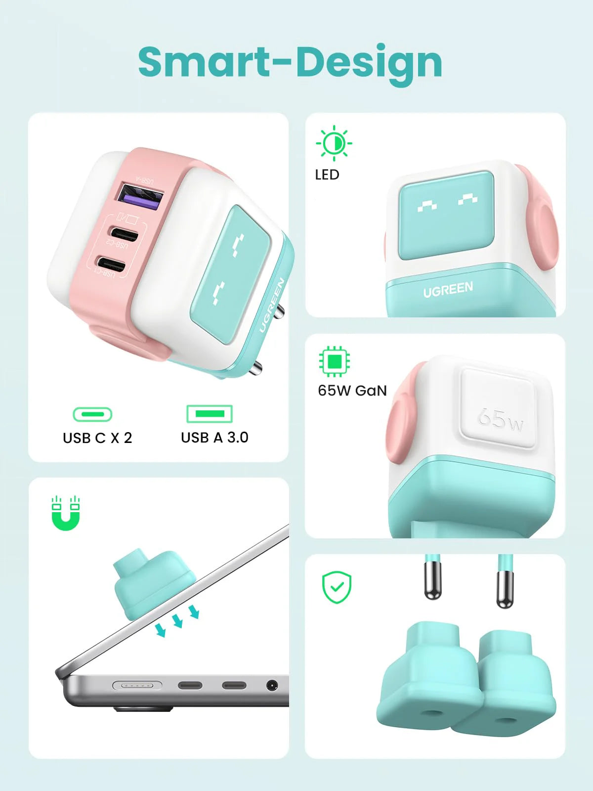 UGREEN CD361 Uno Netzladegerät, 65W, 3.25A, 1 x USB-A - 2 x USB-C, Türkis