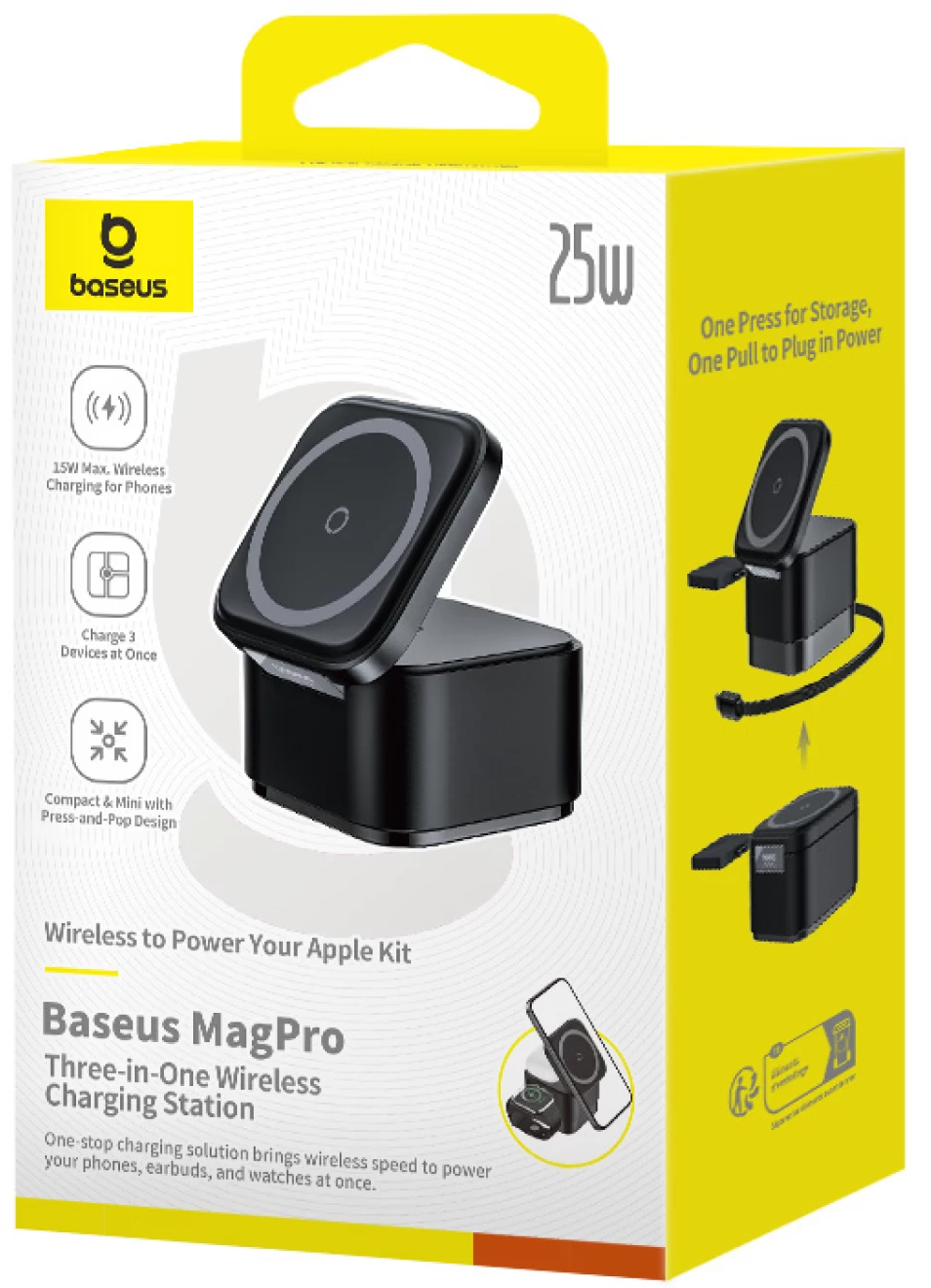 Baseus MagPro 3-in-1 kabelloses USB-C-Netzteil, 25 W, 1 x USB-C, Schwarz P10264100123-01