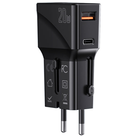 Netzwerk-Ladegerät Yesido MC17 Travel, 20W, 3A, 1 x USB-A - 1 x USB-C, Schwarz