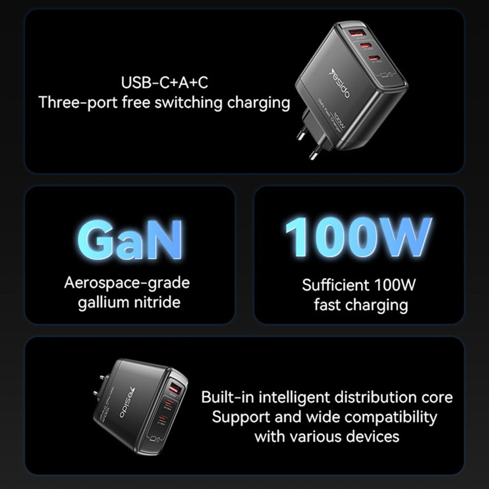 Yesido YC142 Network Charger, 100W, 5A, 1 x USB-A - 2 x USB-C, Black