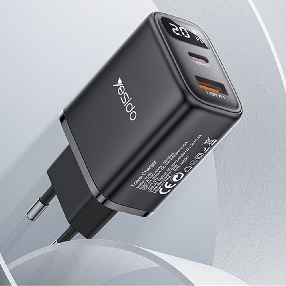 Netzladegerät Yesido YC68, 20W Display, 3A, 1 x USB-A - 1 x USB-C, Schwarz