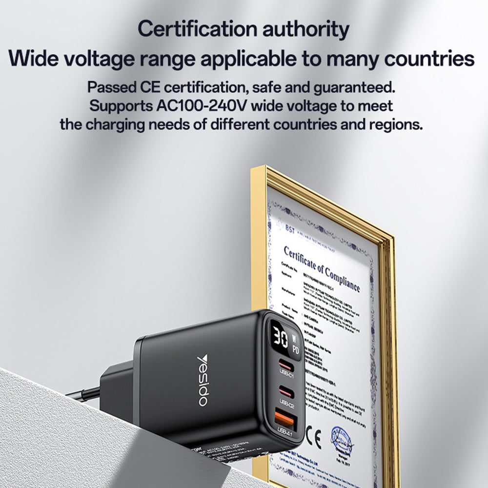 Netzladegerät Yesido YC69 Display, 30W, 3A, 1 x USB-A - 2 x USB-C, Schwarz