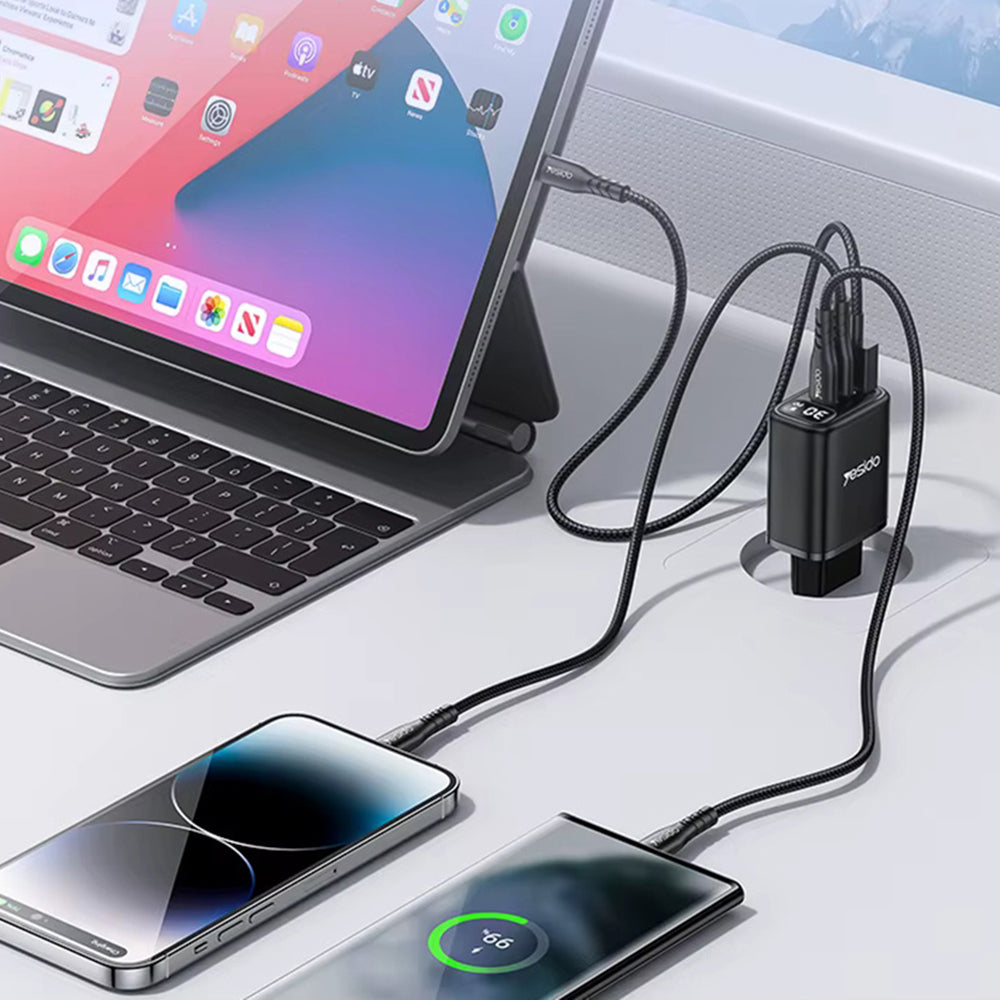 Netzladegerät Yesido YC69 Display, 30W, 3A, 1 x USB-A - 2 x USB-C, Schwarz