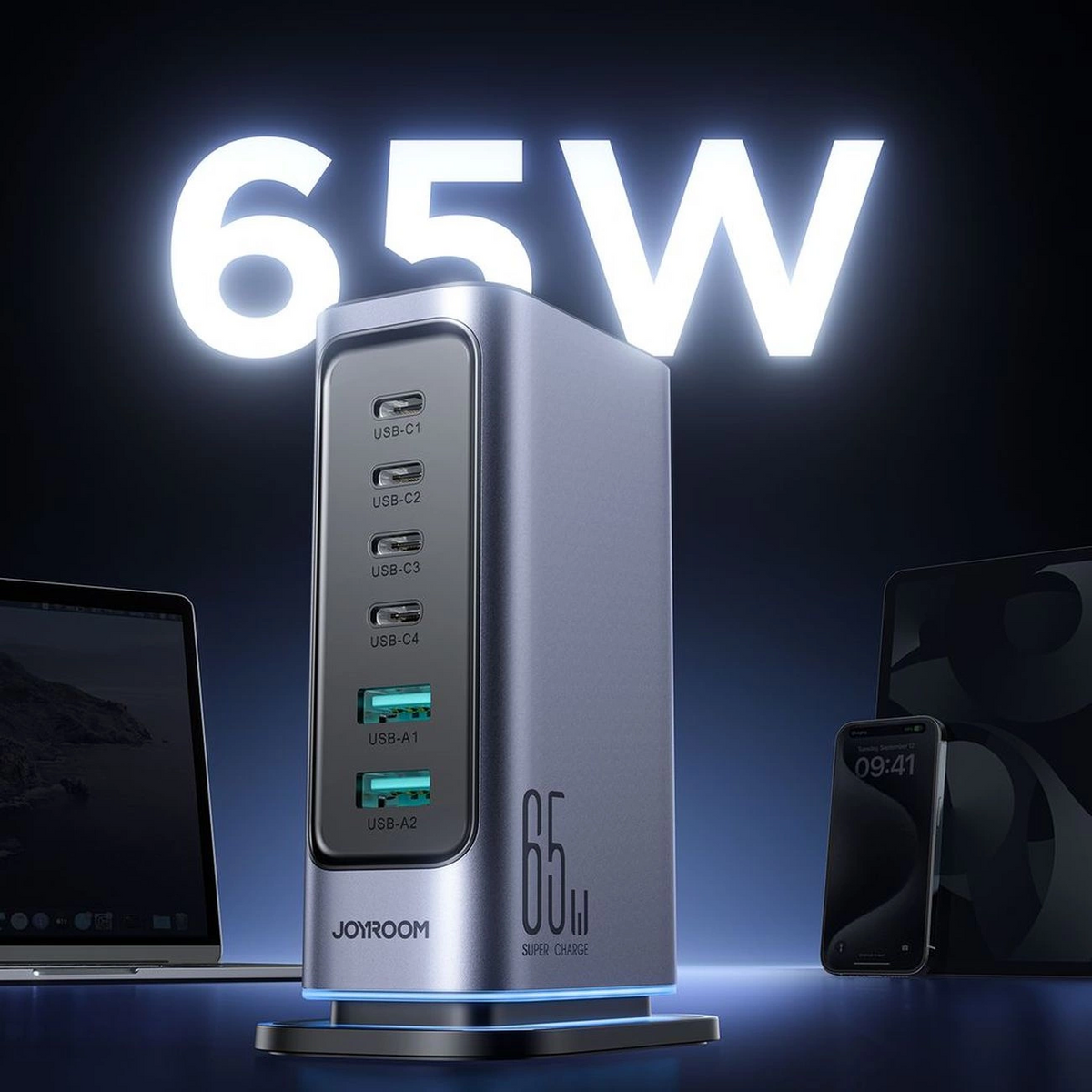 Ladestation Joyroom JR-TCM02 UK, 65W, 3,25A, 2 x USB-A - 4 x USB-C, Grau