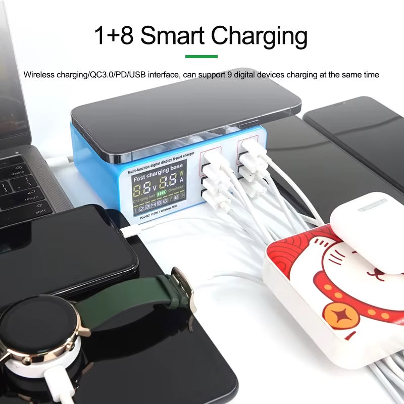 Ladestation Relife RL-304S QI, 110W, 3A, 2 x USB-C - 6 x USB-A, Blau
