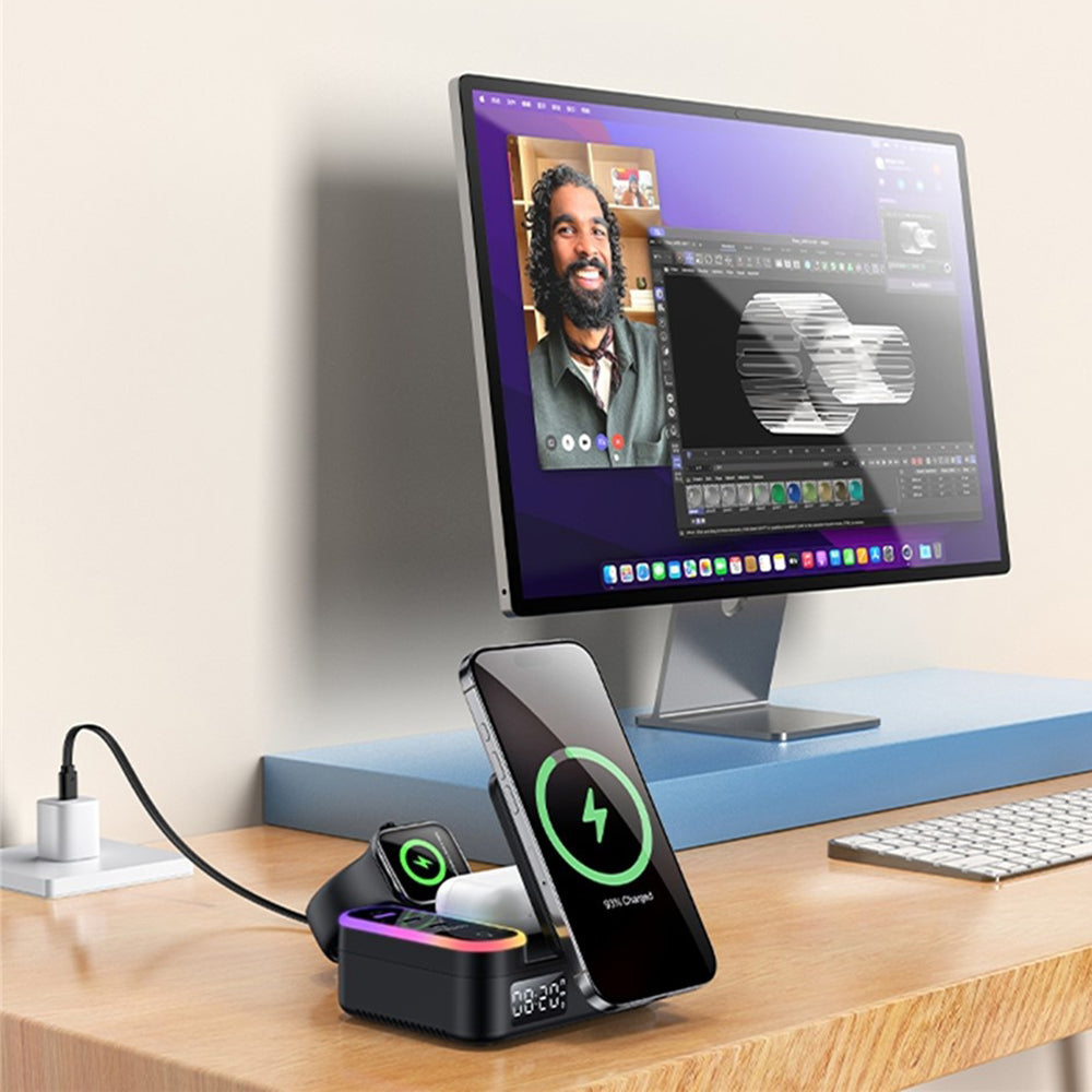 Ladestation Yesido DS38 Display QI 3in1, 65W, 3A, 1 x USB-A - 2 x USB-C, Schwarz