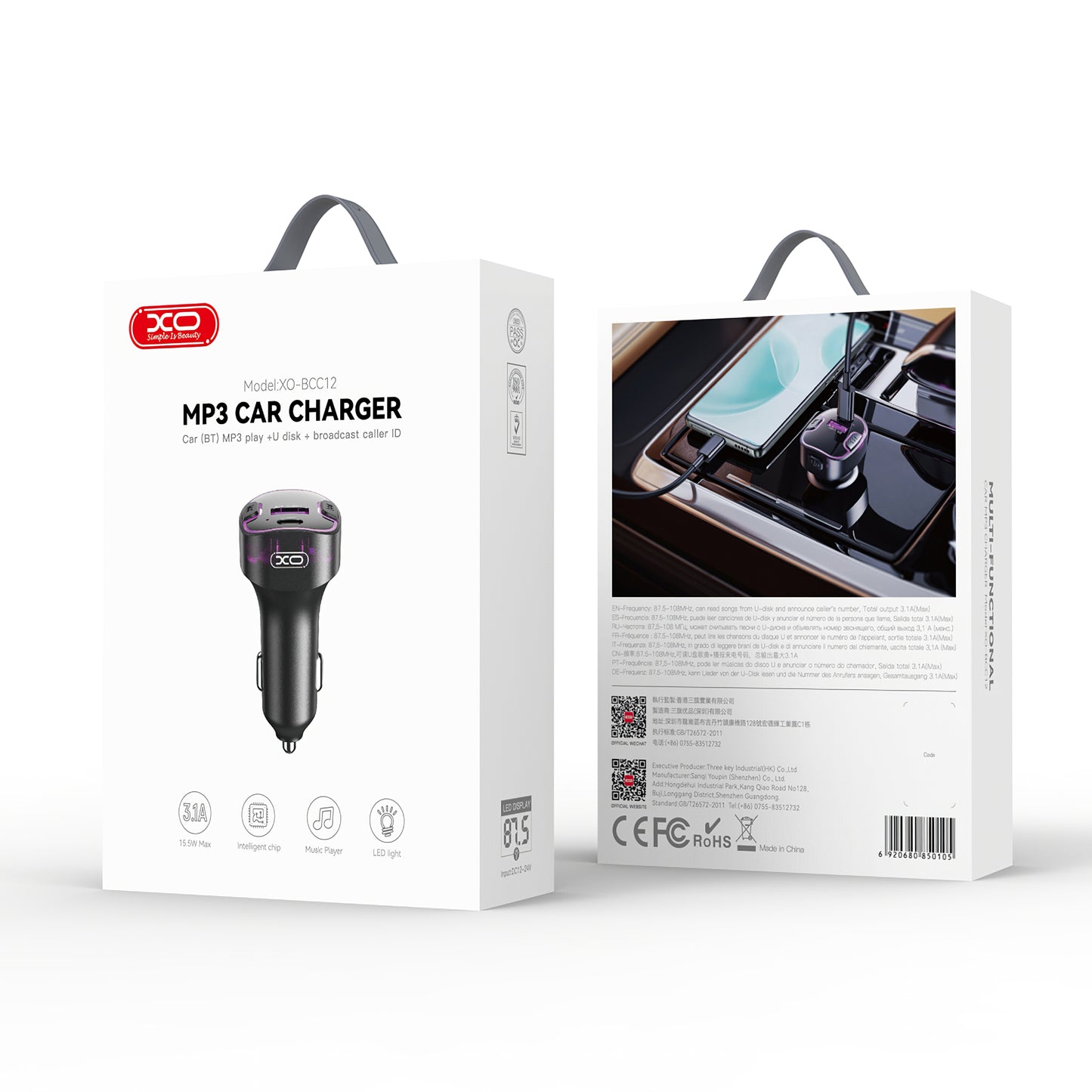 XO Design BCC12 FM-Transmitter Bluetooth | 1x USB-A & 1x USB-C