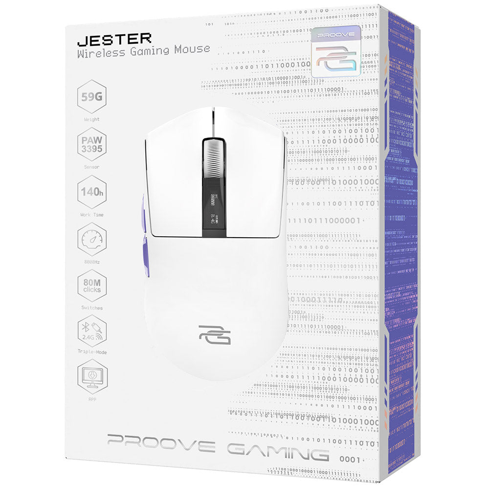 Proove Jester Wireless Gaming Mouse, 800DPI - 26000DPI, OLED Display, White WMJS00022002