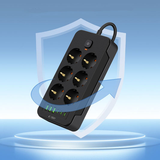 Netzwerk-Ladegerät Tech-Protect PC6X6, 3 x USB-A - 3 x USB-C - 6 x Schuko, Schwarz