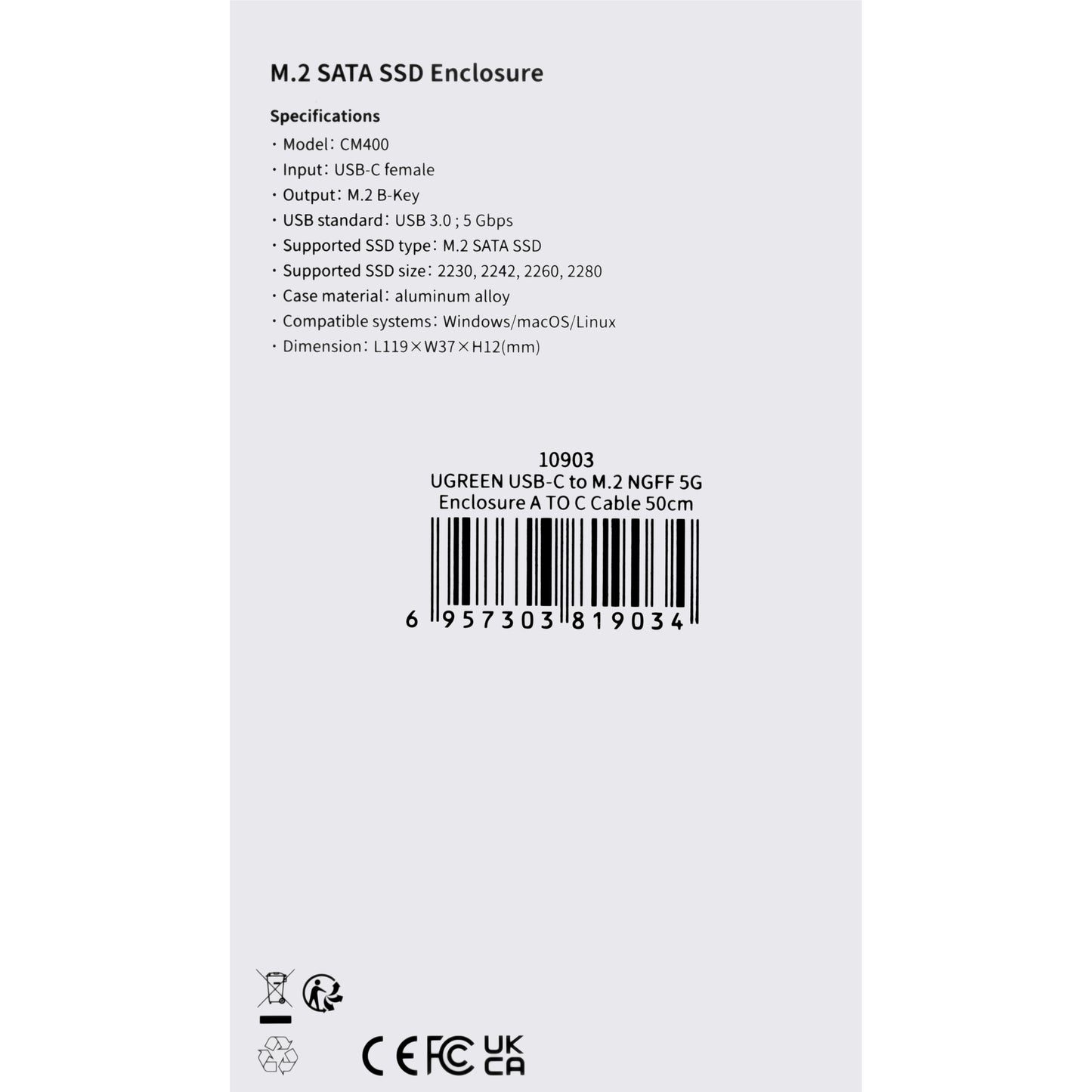 UGREEN CM400 Rack für M.2 NGFF SATA SSD, Grau