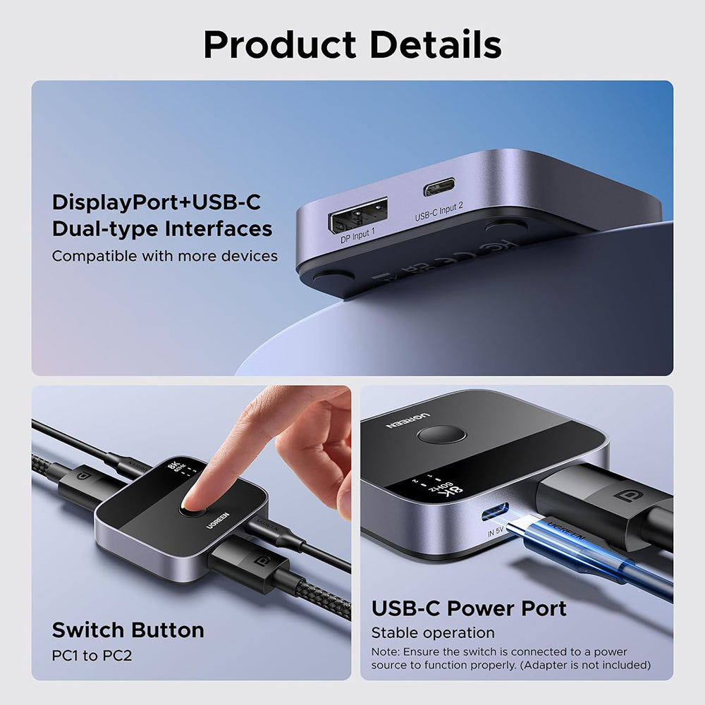 UGREEN 65878 DisplayPort / USB-C Switch, Black