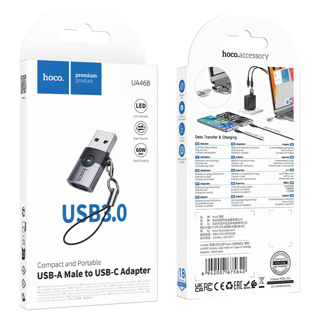 USB-C auf USB-A Daten- und Ladeadapter HOCO UA46B, Grau