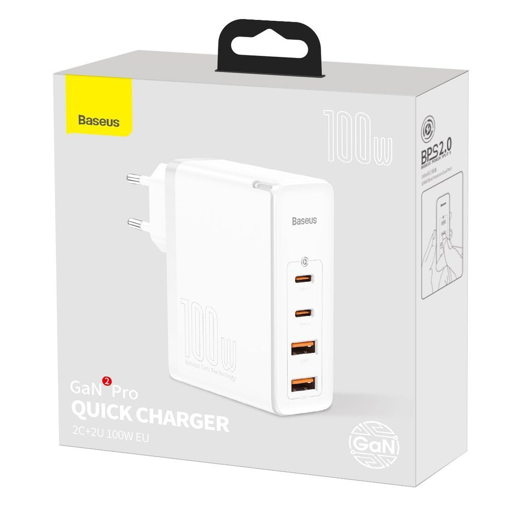 Baseus GaN2 Pro Network Charger, 100W, 3A, 2 x USB-A - 2 x USB-C, White CCGAN2P-L02