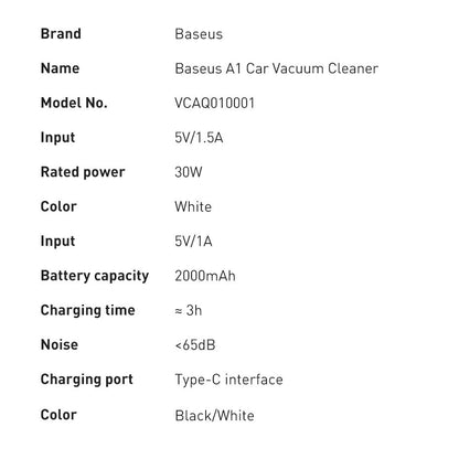 Baseus A1 VCAQ010002 Autostaubsauger