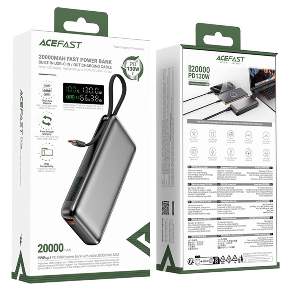 Externer Akku Acefast M22, 20000mAh, 130W, QC + PD, 1 x USB-A - 2 x USB-C, Schwarz