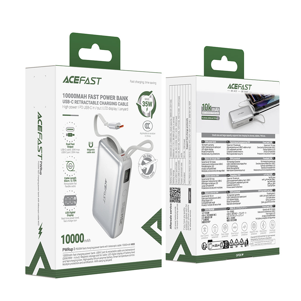 Externer Akku Acefast M32, 10000mAh, 35W, PD, 2 x USB-C, Silber