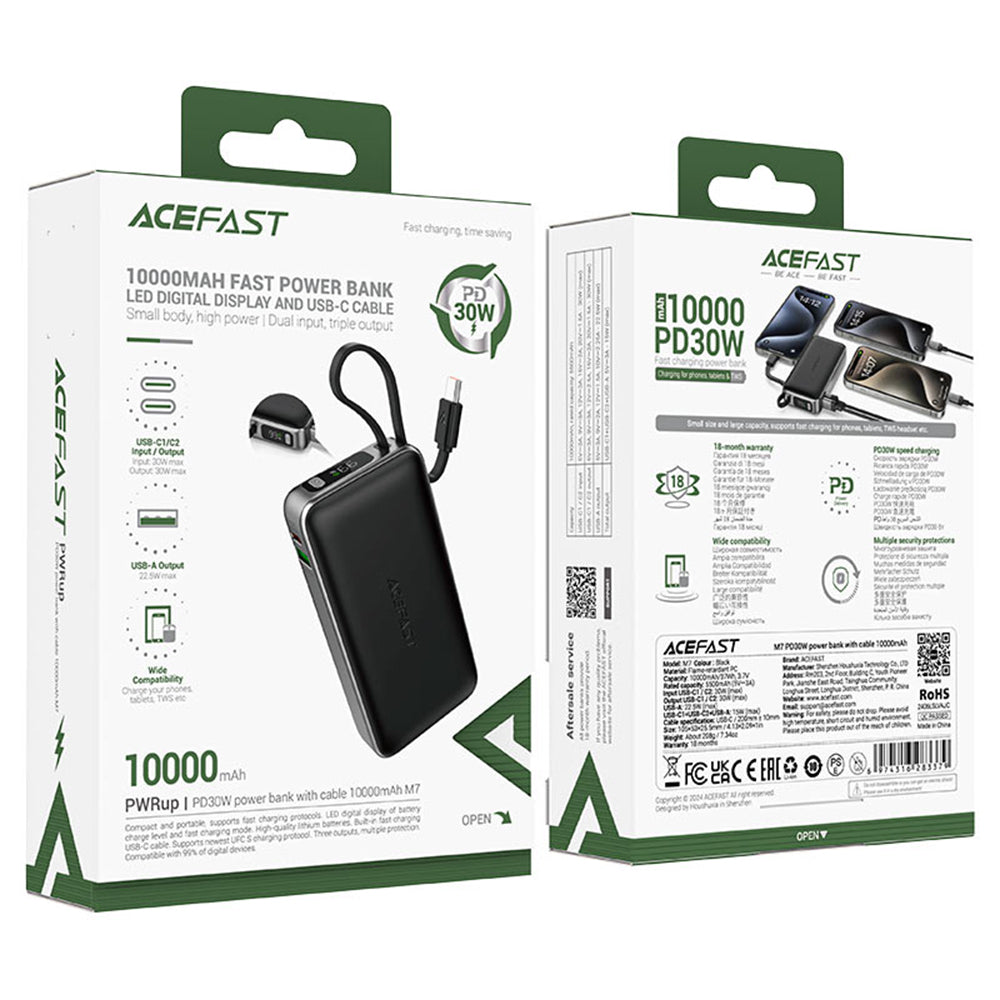 Externer Akku Acefast M7, 10000mAh, 30W, QC + PD, 1 x USB-A - 2 x USB-C, Schwarz