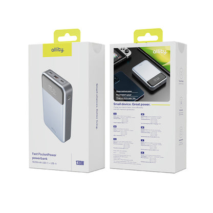 Externer Akku Allity. APB-200 PocketPower, 19200mAh, 130W, QC + PD, 1 x USB-A - 2 x USB-C, Grau
