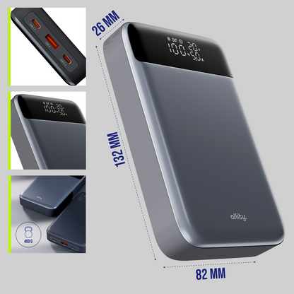 Externer Akku Allity. APB-200 PocketPower, 19200mAh, 130W, QC + PD, 1 x USB-A - 2 x USB-C, Grau