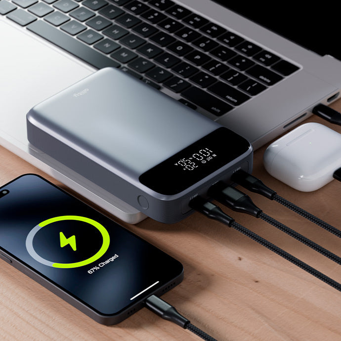 Externer Akku Allity. APB-200 PocketPower, 19200mAh, 130W, QC + PD, 1 x USB-A - 2 x USB-C, Grau