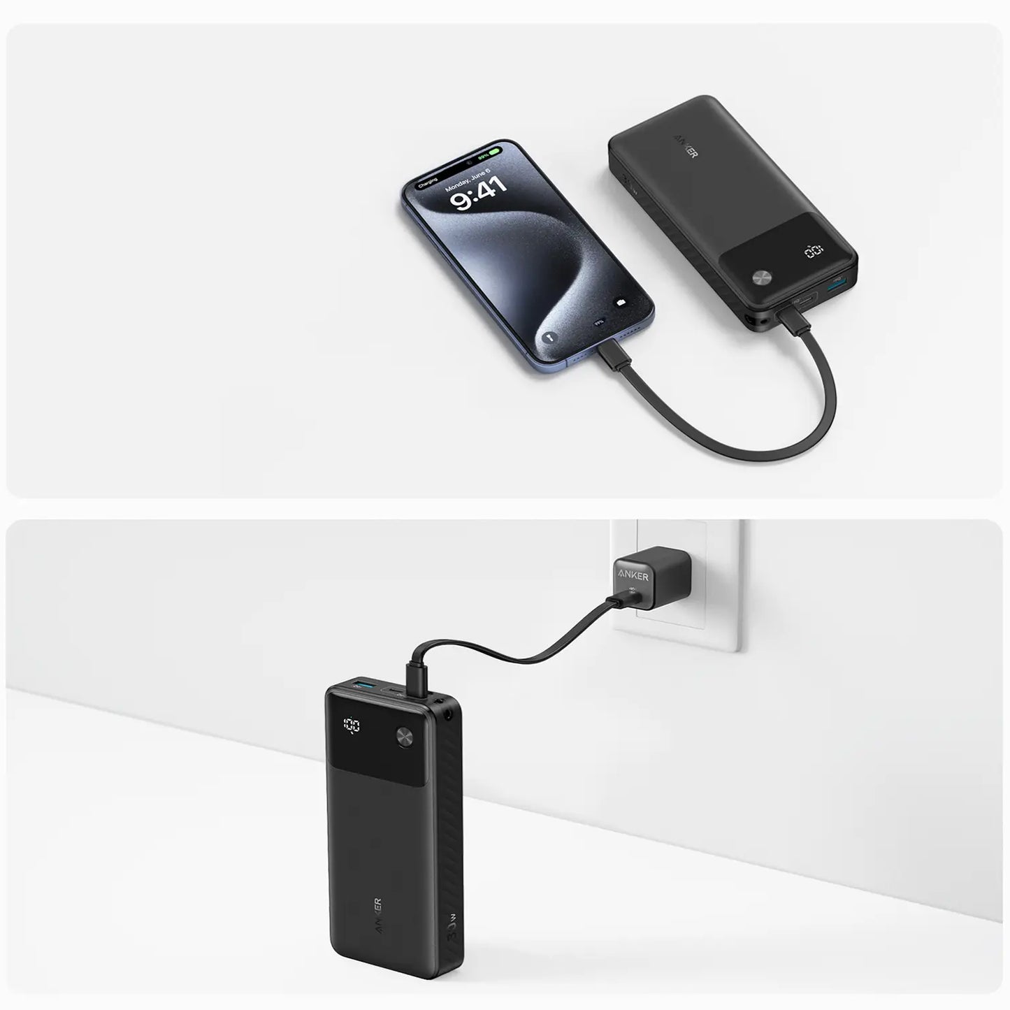 Anker Externer Akku, 20000 mAh, 30 W, QC + PD, 1 x USB-A – 2 x USB-C, Schwarz A1384G11