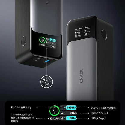 Externer Akku Anker 737, 24000 mAh, 140 W, QC + PD, 1 x USB-A – 2 x USB-C, Schwarz A1289011