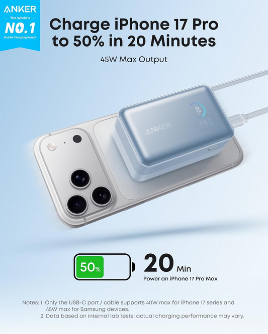 Externe Batterie Anker Nano, 10000mAh, 45W, QC + PD, 1 x USB-A - 2 x USB-C, Blau